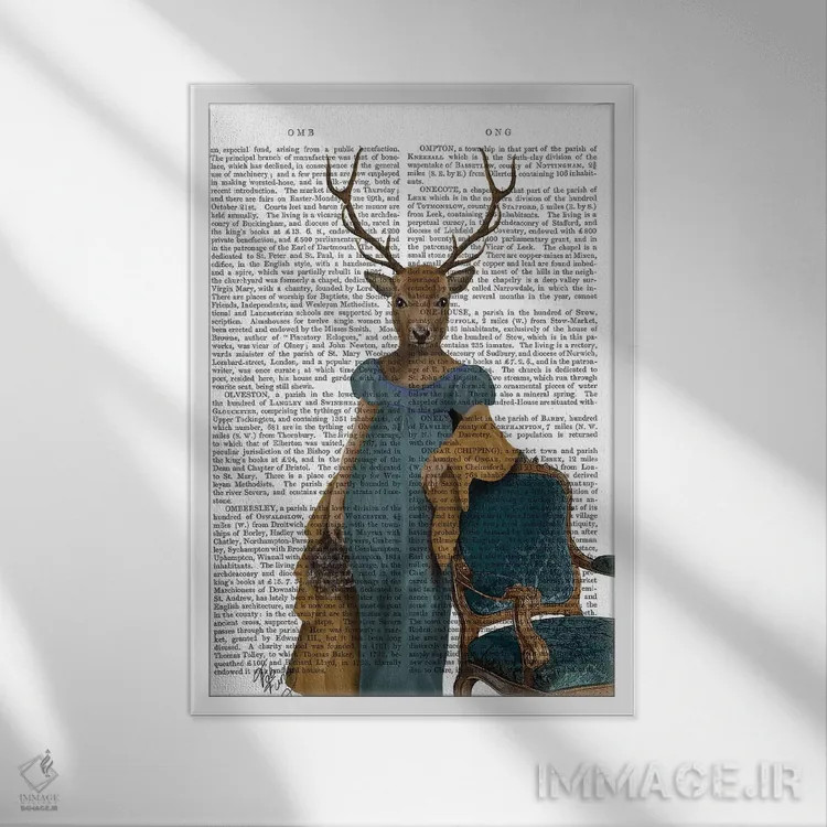 تابلو دکوراتیو گوزن با لباس آبی اثر فب فانکی - نمای قابدار سفید