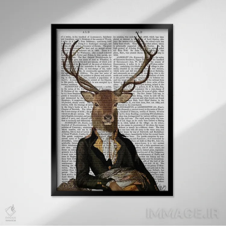 تابلو دکوراتیو گوزن روی صندلی اثر فب فانکی - نمای قابدار مشکی