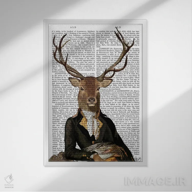 تابلو دکوراتیو گوزن روی صندلی اثر فب فانکی - نمای قابدار سفید