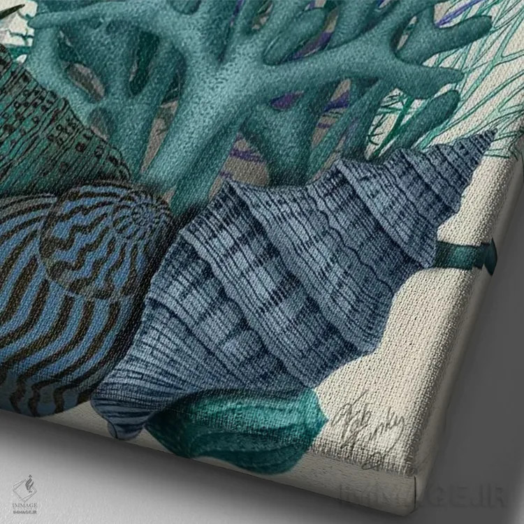 تابلو دکوراتیو ماهی، صدف های آبی و مرجان ها اثر فب فانکی - نمای نزدیک بافت بوم