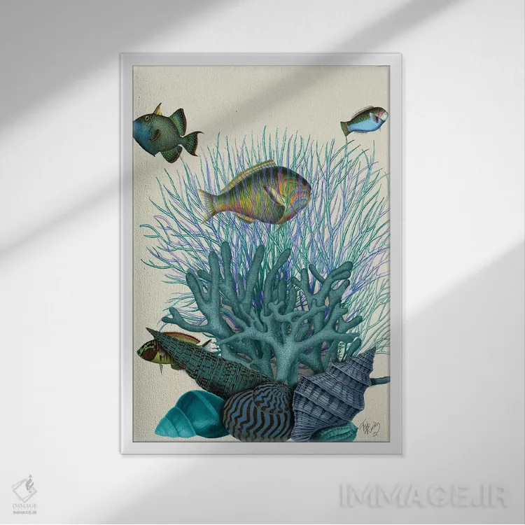 تابلو دکوراتیو ماهی، صدف های آبی و مرجان ها اثر فب فانکی - نمای قابدار سفید