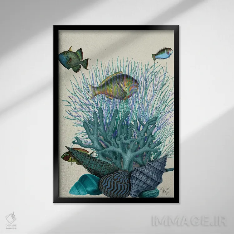 تابلو دکوراتیو ماهی، صدف های آبی و مرجان ها اثر فب فانکی - نمای قابدار مشکی