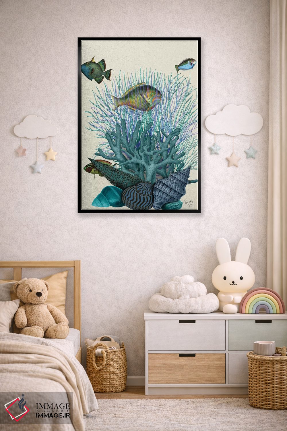 تابلو دکوراتیو ماهی، صدف های آبی و مرجان ها اثر فب فانکی - D4B