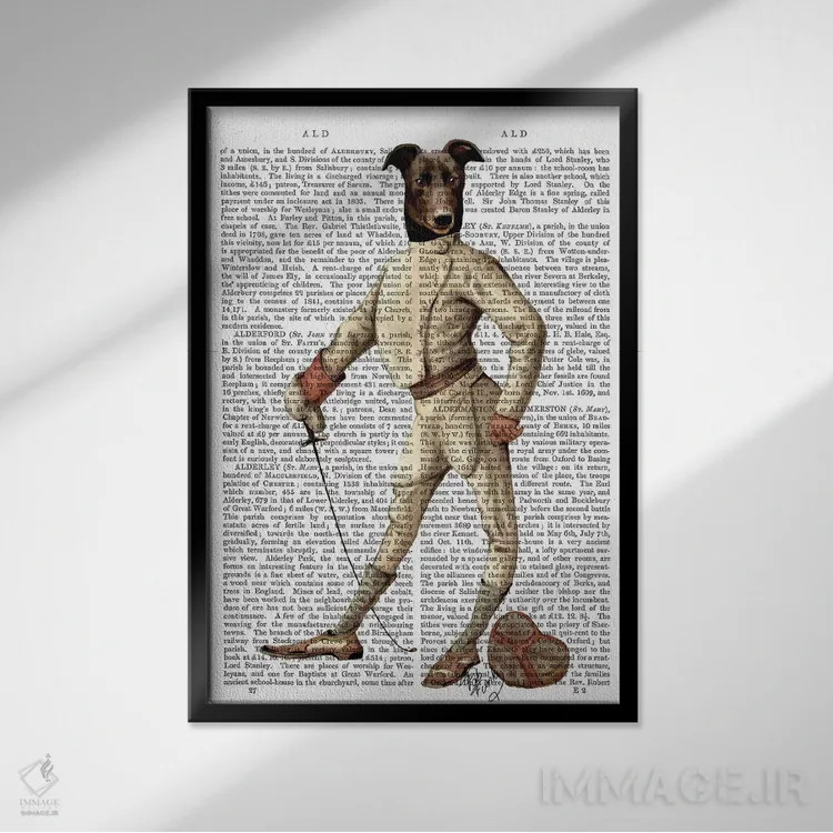 تابلو دکوراتیو سگ گری هاوند شمشیرباز با لباس کرمی اثر فب فانکی - نمای قابدار مشکی