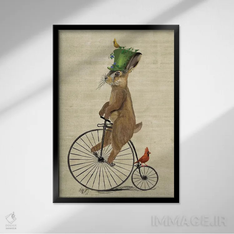 تابلو دکوراتیو خرگوش مارس بر دوچرخه پنی فارثینگ اثر فب فانکی - نمای قابدار مشکی