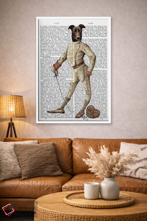 تابلو دکوراتیو سگ گری هاوند شمشیرباز با لباس کرمی اثر فب فانکی - D3W