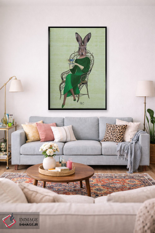 تابلو دکوراتیو بانو بلا خرگوش در حال چای نوشیدن اثر فب فانکی - D1B
