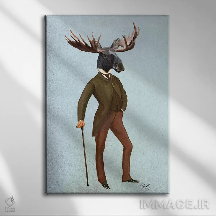 تابلو دکوراتیو گوزن شمالی کت وشلواری اثر فب فانکی - نمای روبهرو روی دیوار