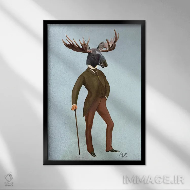 تابلو دکوراتیو گوزن شمالی کت وشلواری اثر فب فانکی - نمای قابدار مشکی