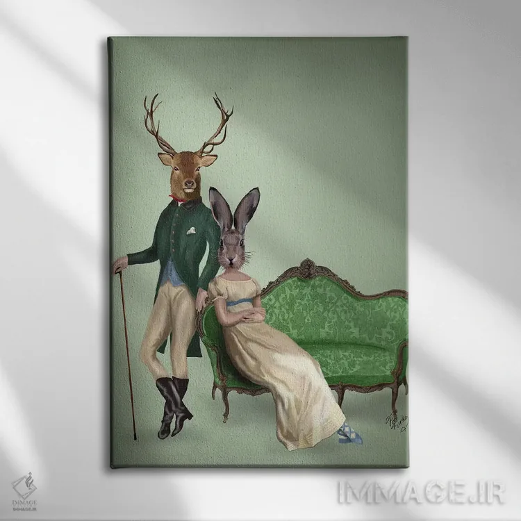 تابلو دکوراتیو آقای گوزن و خانم خرگوش اثر فب فانکی - نمای روبهرو روی دیوار