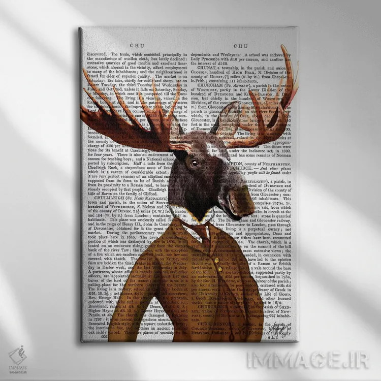 تابلو دکوراتیو پرتره گوزن شمالی کت وشلواری اثر فب فانکی - نمای روبهرو روی دیوار