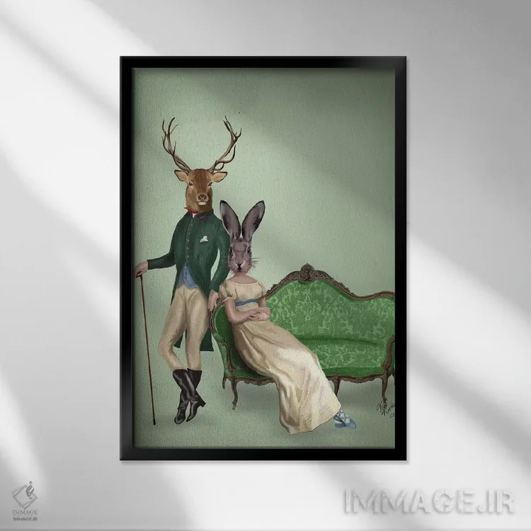 تابلو دکوراتیو آقای گوزن و خانم خرگوش اثر فب فانکی - نمای قابدار مشکی