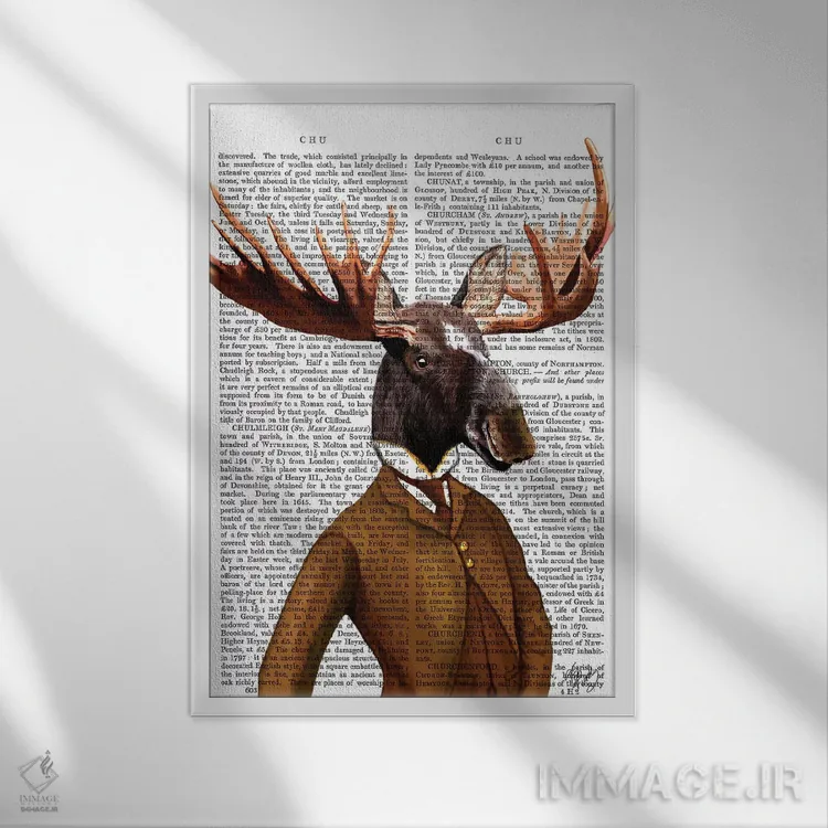 تابلو دکوراتیو پرتره گوزن شمالی کت وشلواری اثر فب فانکی - نمای قابدار سفید