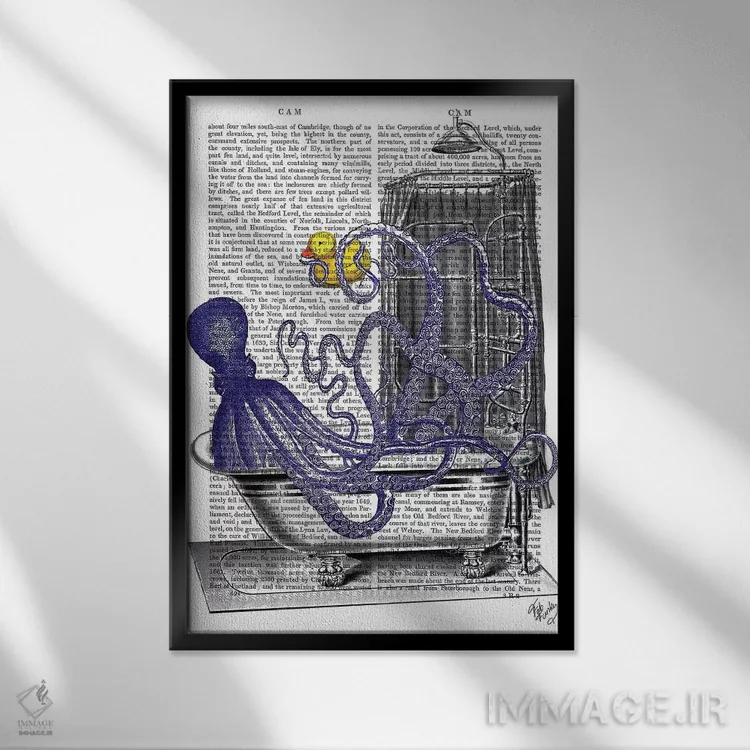 تابلو دکوراتیو اختاپوس در وان حمام اثر فب فانکی - نمای قابدار مشکی