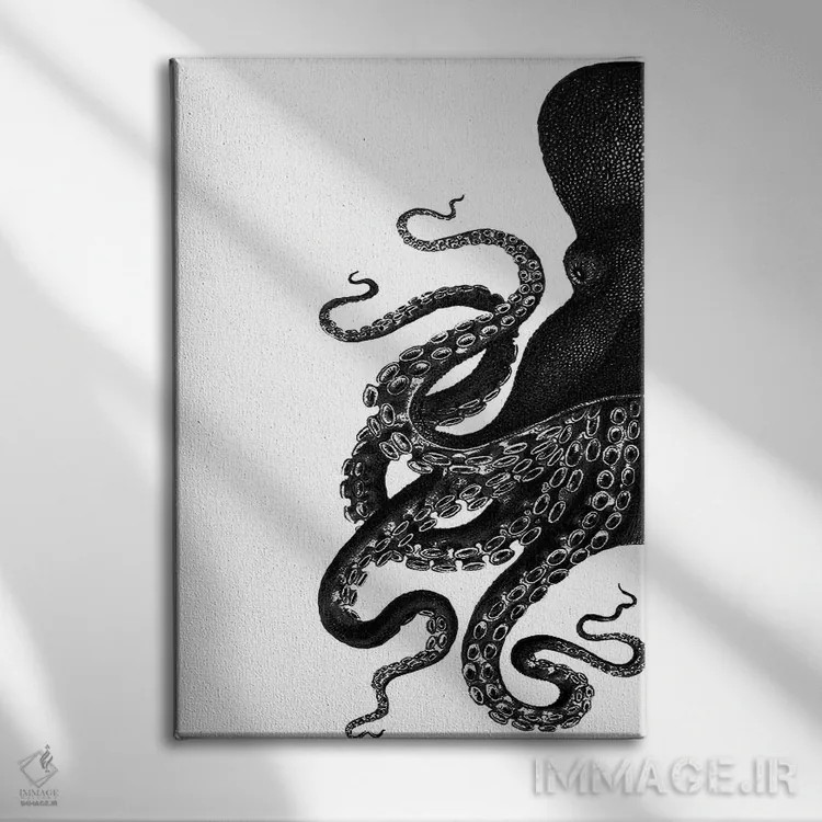 تابلو مدرن اختاپوس، سیاه و سفید ۱ اثر فب فانکی - نمای روبهرو روی دیوار