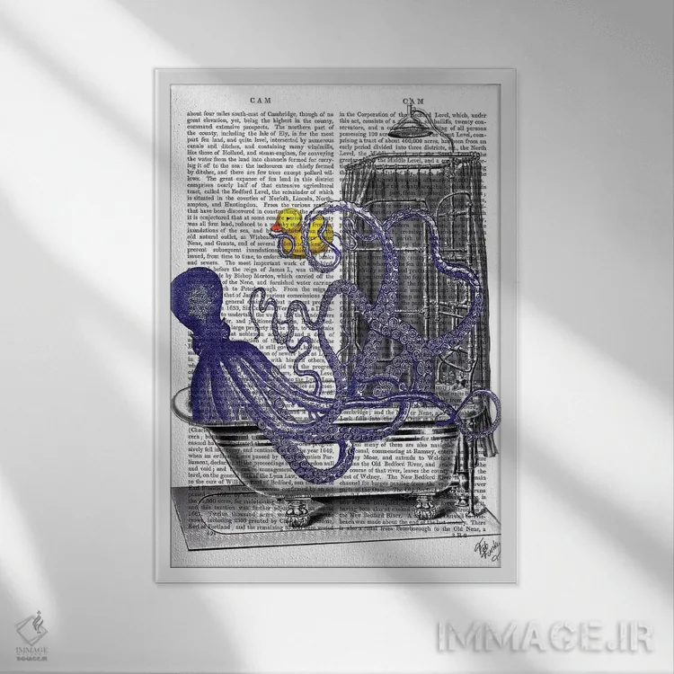 تابلو دکوراتیو اختاپوس در وان حمام اثر فب فانکی - نمای قابدار سفید