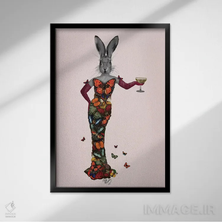 تابلو دکوراتیو خرگوش با لباس پروانه ای اثر فب فانکی - نمای قابدار مشکی