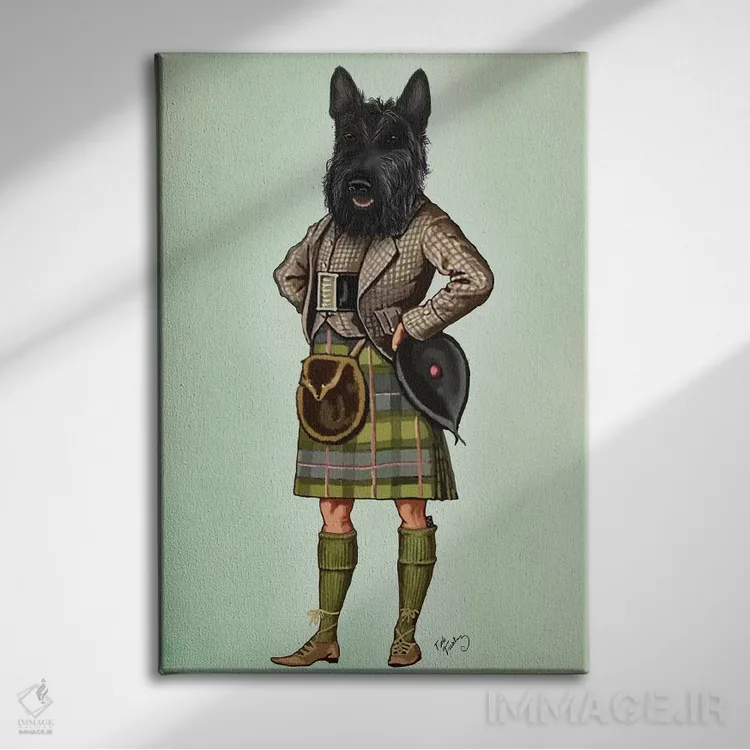 تابلو دکوراتیو تریر اسکاتلندی با دامن سنتی اثر فب فانکی - نمای روبهرو روی دیوار