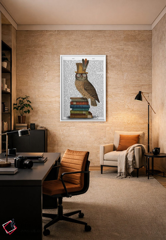 تابلو دکوراتیو جغد روی کتاب ها اثر فب فانکی - D6W