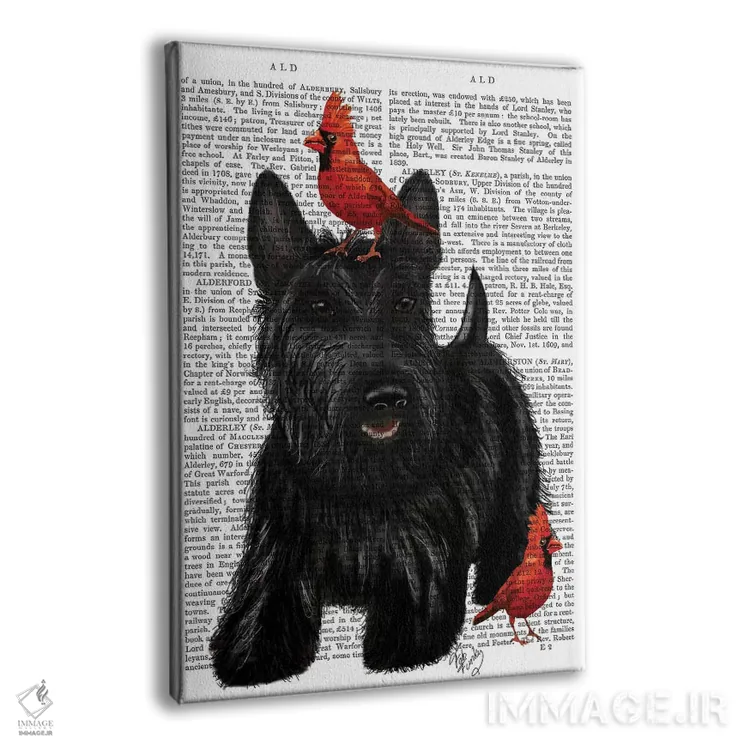 تابلو دکوراتیو تریر اسکاتلندی و پرندگان اثر فب فانکی - نمای پرسپکتیو محصول