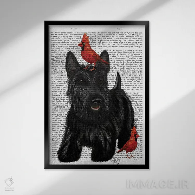 تابلو دکوراتیو تریر اسکاتلندی و پرندگان اثر فب فانکی - نمای قابدار مشکی