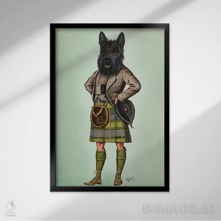تابلو دکوراتیو تریر اسکاتلندی با دامن سنتی اثر فب فانکی - نمای قابدار مشکی