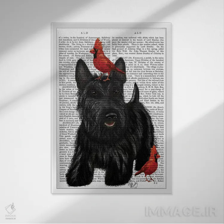 تابلو دکوراتیو تریر اسکاتلندی و پرندگان اثر فب فانکی - نمای قابدار سفید