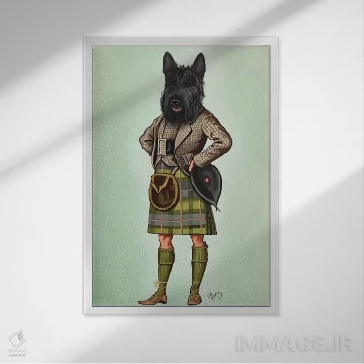 تابلو دکوراتیو تریر اسکاتلندی با دامن سنتی اثر فب فانکی - نمای قابدار سفید