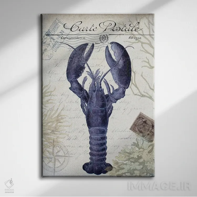 تابلو دکوراتیو کارت پستال ساحلی روی کرم: لابستر اثر فب فانکی - نمای روبهرو روی دیوار