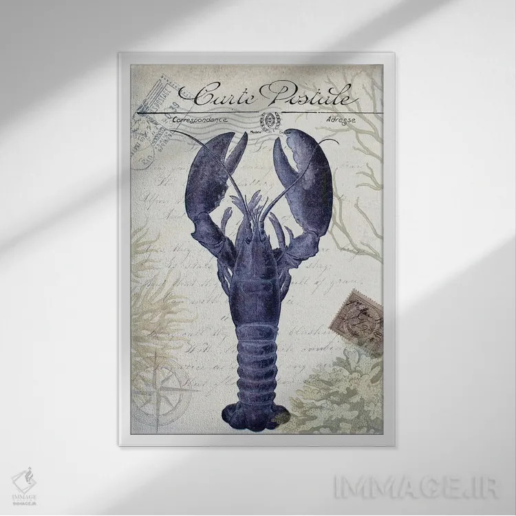 تابلو دکوراتیو کارت پستال ساحلی روی کرم: لابستر اثر فب فانکی - نمای قابدار سفید