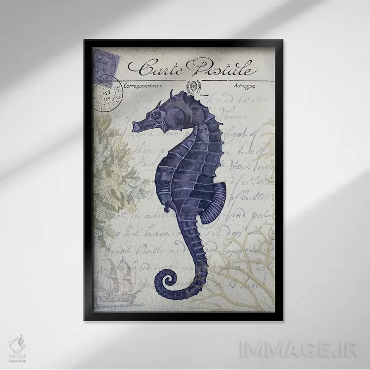 تابلو دکوراتیو کارت پستال ساحلی روی کرم: اسب دریایی اثر فب فانکی - نمای قابدار مشکی