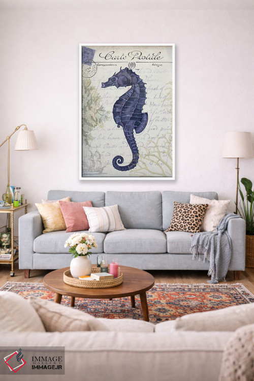 تابلو دکوراتیو کارت پستال ساحلی روی کرم: اسب دریایی اثر فب فانکی - D1W