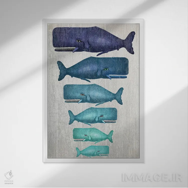 تابلو دکوراتیو خانواده نهنگ آبی روی سفید اثر فب فانکی - نمای قابدار سفید