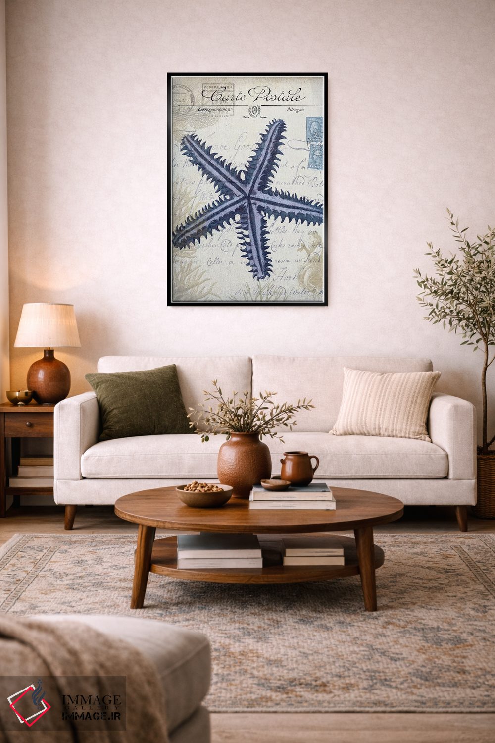 تابلو دکوراتیو کارت پستال ساحلی روی کرم: ستاره دریایی اثر فب فانکی - D5B