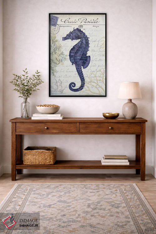 تابلو دکوراتیو کارت پستال ساحلی روی کرم: اسب دریایی اثر فب فانکی - D4B