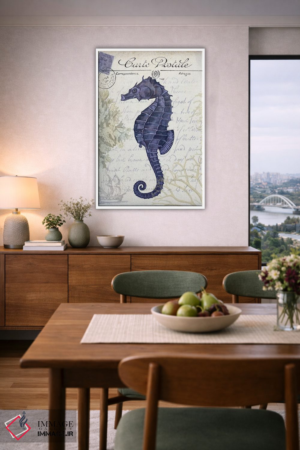 تابلو دکوراتیو کارت پستال ساحلی روی کرم: اسب دریایی اثر فب فانکی - D6W