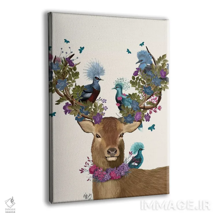 تابلو دکوراتیو گوزن نگهبان پرنده، کبوترهای آبی اثر فب فانکی - نمای پرسپکتیو محصول