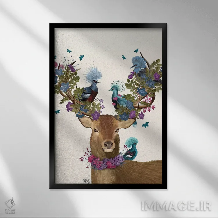 تابلو دکوراتیو گوزن نگهبان پرنده، کبوترهای آبی اثر فب فانکی - نمای قابدار مشکی