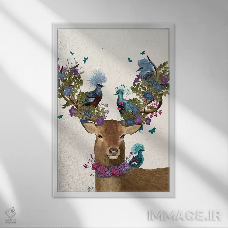 تابلو دکوراتیو گوزن نگهبان پرنده، کبوترهای آبی اثر فب فانکی - نمای قابدار سفید