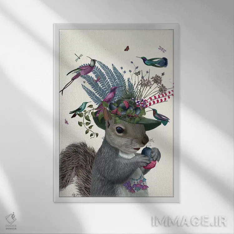 تابلو دکوراتیو سنجاب نگهبان پرنده و بلوط های آبی اثر فب فانکی - نمای قابدار سفید