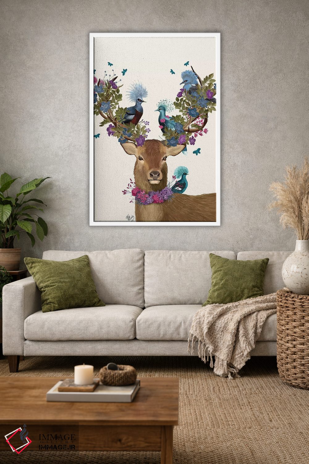 تابلو دکوراتیو گوزن نگهبان پرنده، کبوترهای آبی اثر فب فانکی - D1W