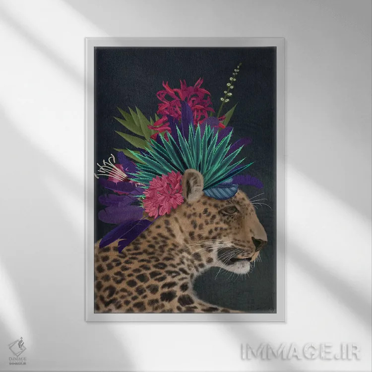 تابلو دکوراتیو پلنگ گلخانه ای ۱ اثر فب فانکی - نمای قابدار سفید