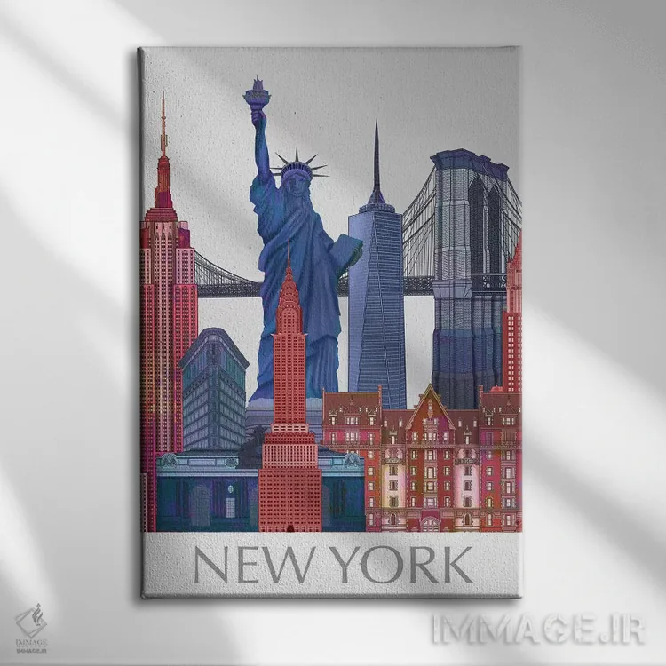 تابلو دکوراتیو مناظر شاخص نیویورک، قرمز و آبی ۲ اثر فب فانکی - نمای روبهرو روی دیوار