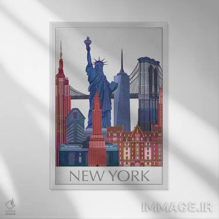 تابلو دکوراتیو مناظر شاخص نیویورک، قرمز و آبی ۲ اثر فب فانکی - نمای قابدار سفید