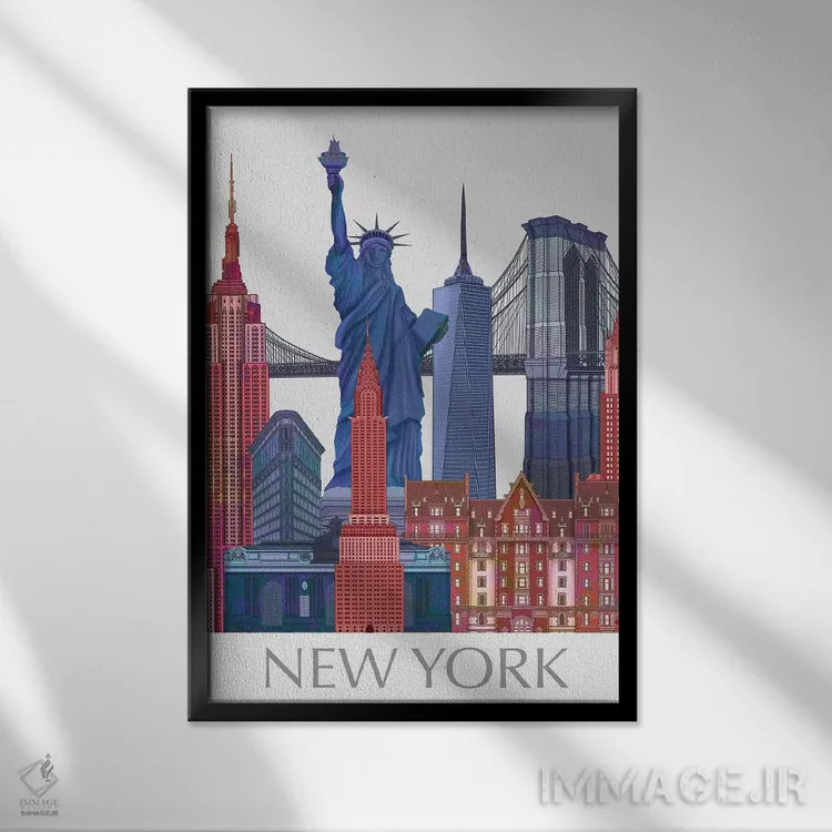 تابلو دکوراتیو مناظر شاخص نیویورک، قرمز و آبی ۲ اثر فب فانکی - نمای قابدار مشکی