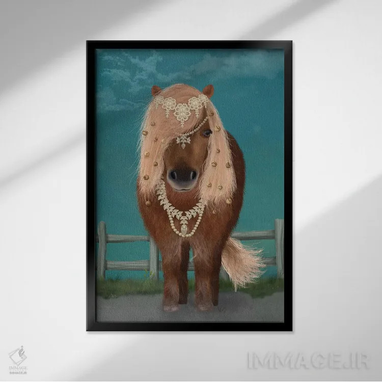 تابلو دکوراتیو اسب پونی قهوه ای با زنگوله، کامل ۱ اثر فب فانکی - نمای قابدار مشکی