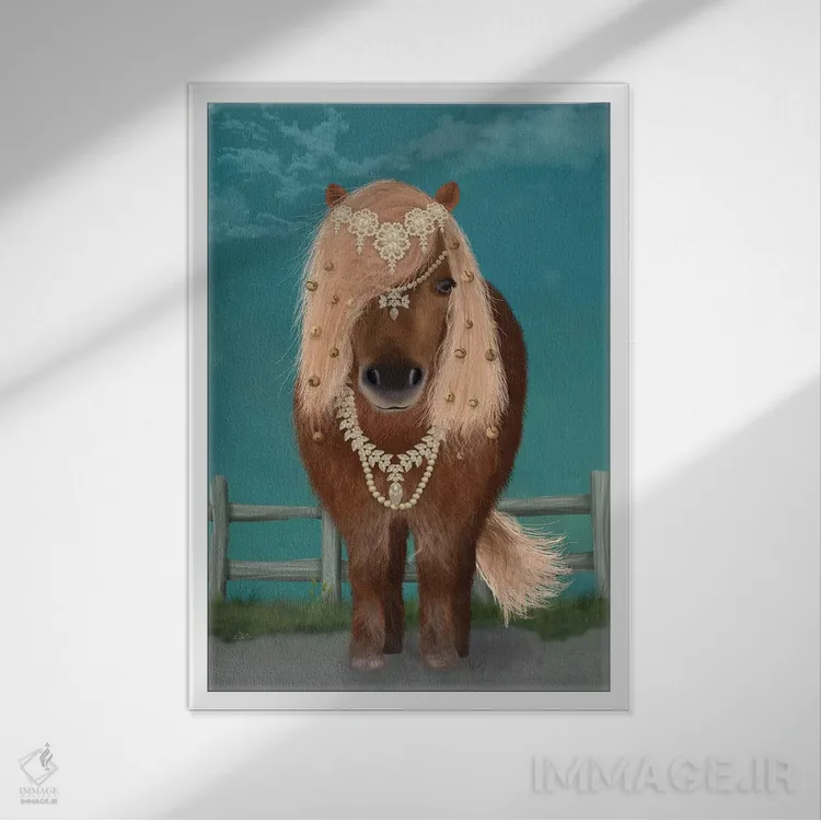 تابلو دکوراتیو اسب پونی قهوه ای با زنگوله، کامل ۱ اثر فب فانکی - نمای قابدار سفید