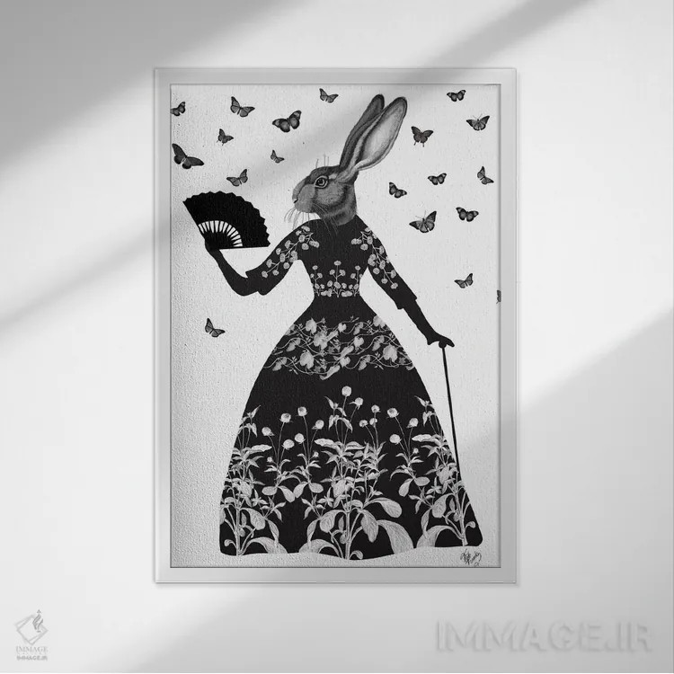 تابلو دکوراتیو خرگوش سیاه ۲ اثر فب فانکی - نمای قابدار سفید