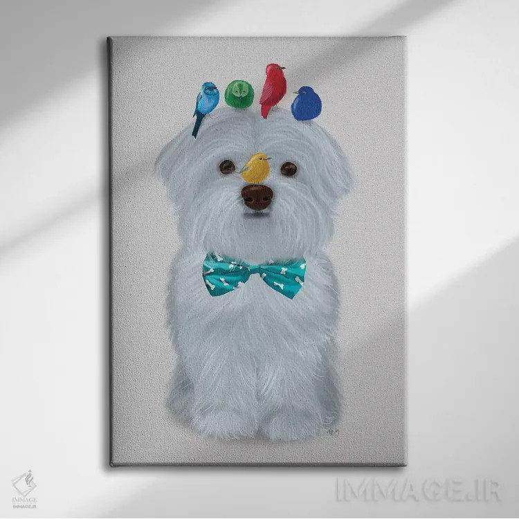 تابلو دکوراتیو سگ مالتیز و پرندگان اثر فب فانکی - نمای روبهرو روی دیوار