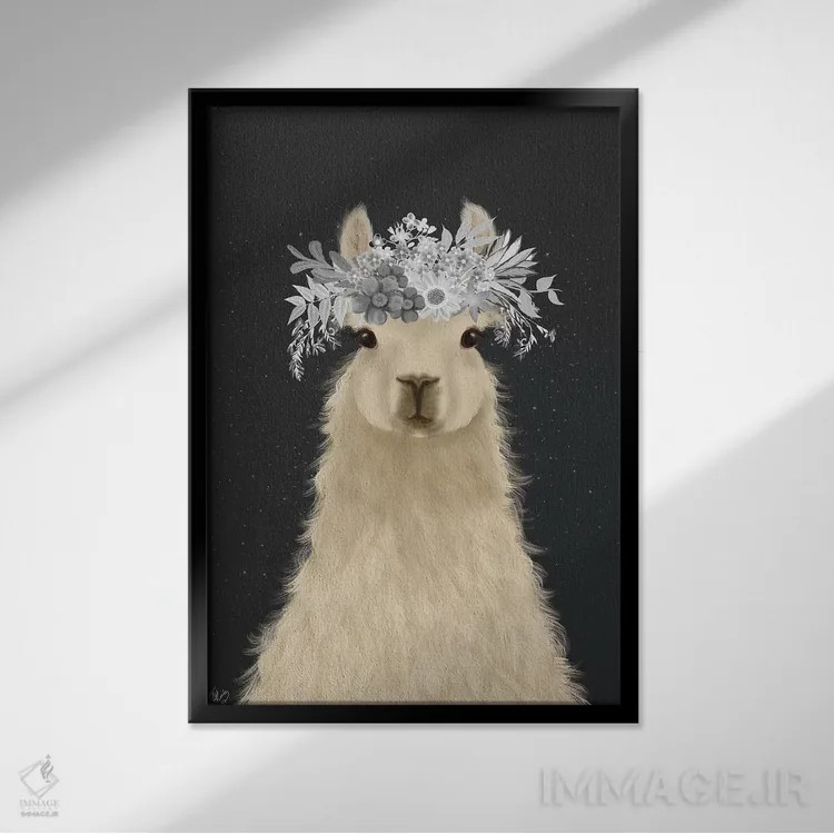 تابلو دکوراتیو لاما با گل های سفید اثر فب فانکی - نمای قابدار مشکی